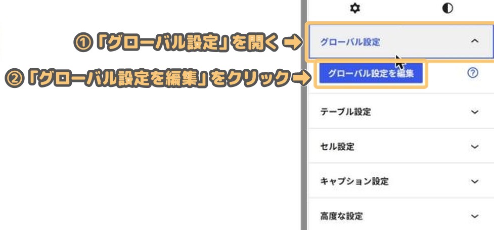 サイドバーの「グローバル設定」を開き、「グローバル設定を編集」をクリックする