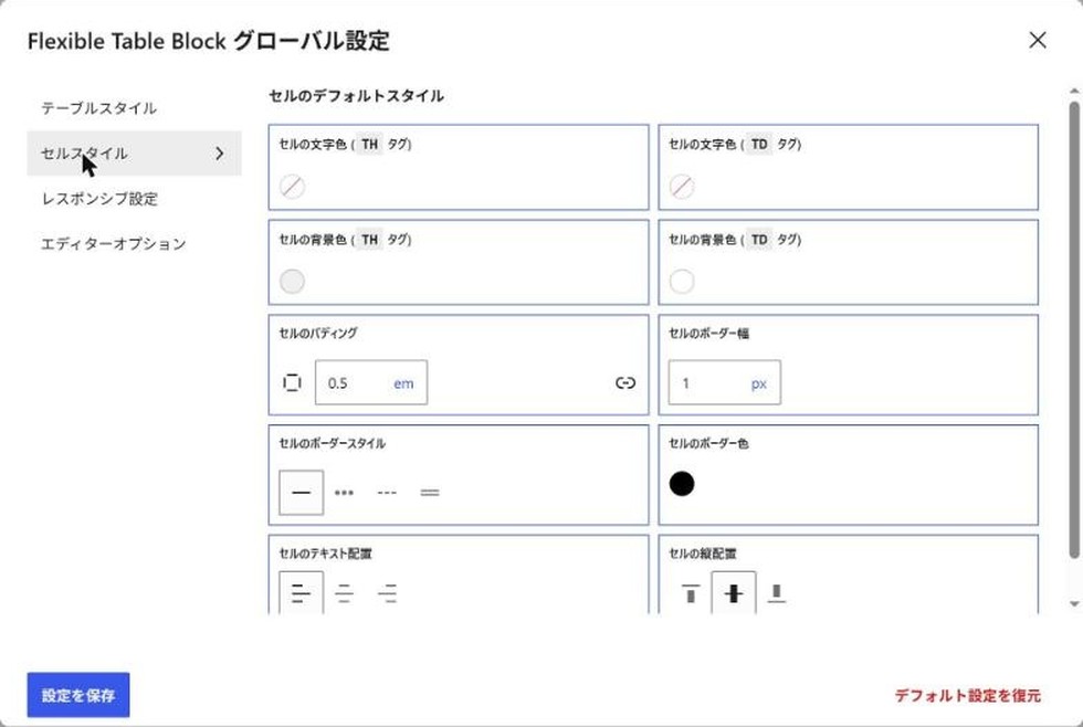 グローバル設定(セルスタイル):セルの文字色・背景色・パディング・ボーダーなど