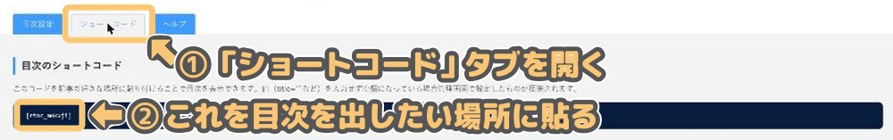 RTOC設定のショートコードタブと基本のショートコード