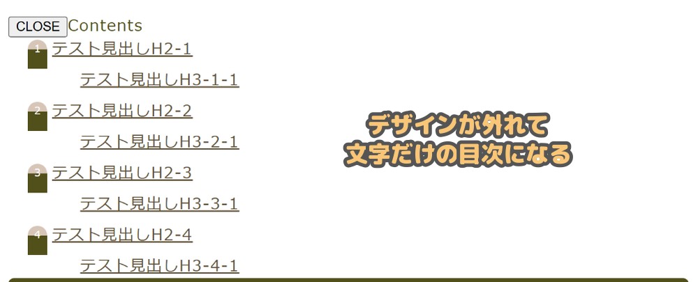 プラグインのCSSを読み込まないをONにしたときの、装飾が外れた目次