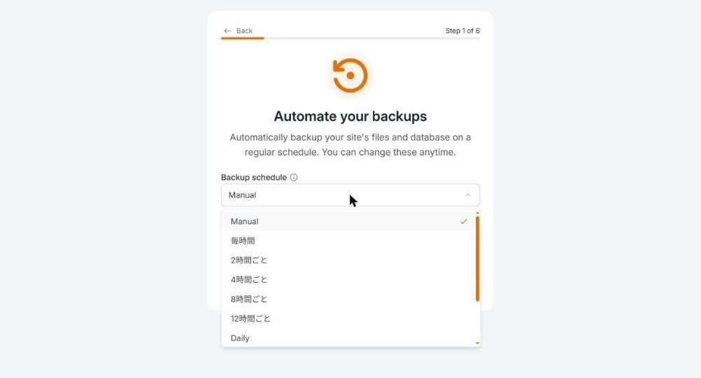 ウィザードStep1でバックアップスケジュールの選択肢を開いた状態