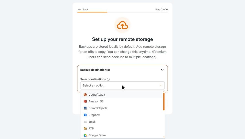 ウィザードStep2で保存先の選択肢(UpdraftVault、Dropbox、Google Driveなど)を開いた状態