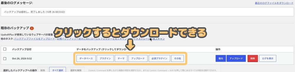バックアップ完了後の「既存のバックアップ」一覧。データベース・プラグインなどのダウンロードボタン