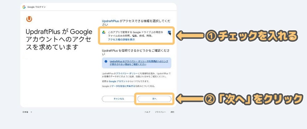 アクセス許可画面で「Google ドライブ上の特定のファイルのみ…」にチェックを入れた状態