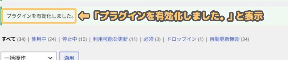 プラグイン一覧に「プラグインを有効化しました。」と表示された画面